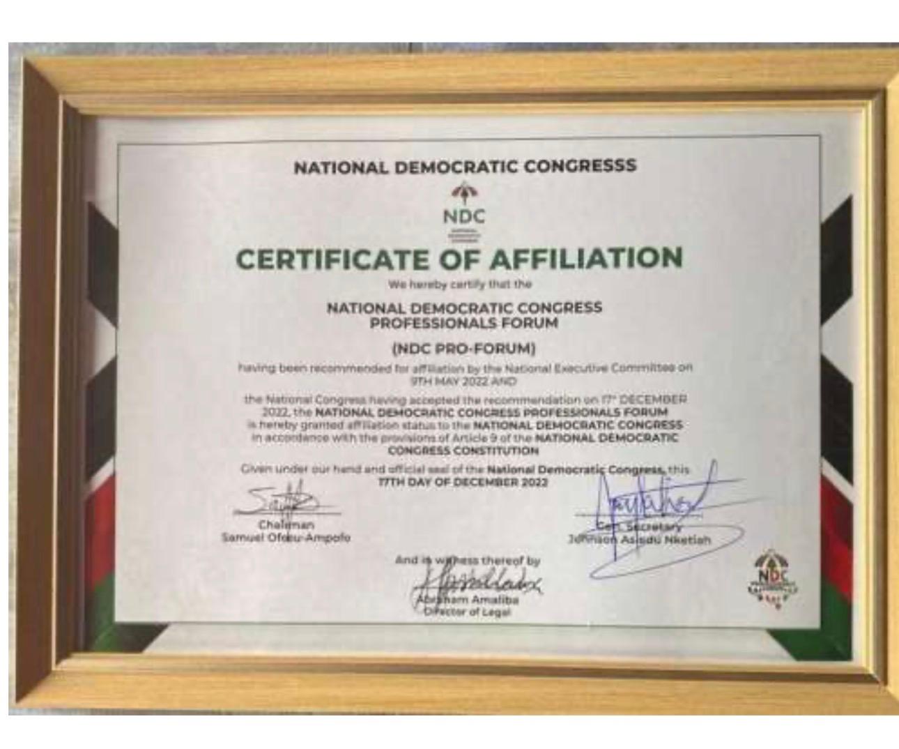 NDC Professionals Forum Certificate of Affiliation